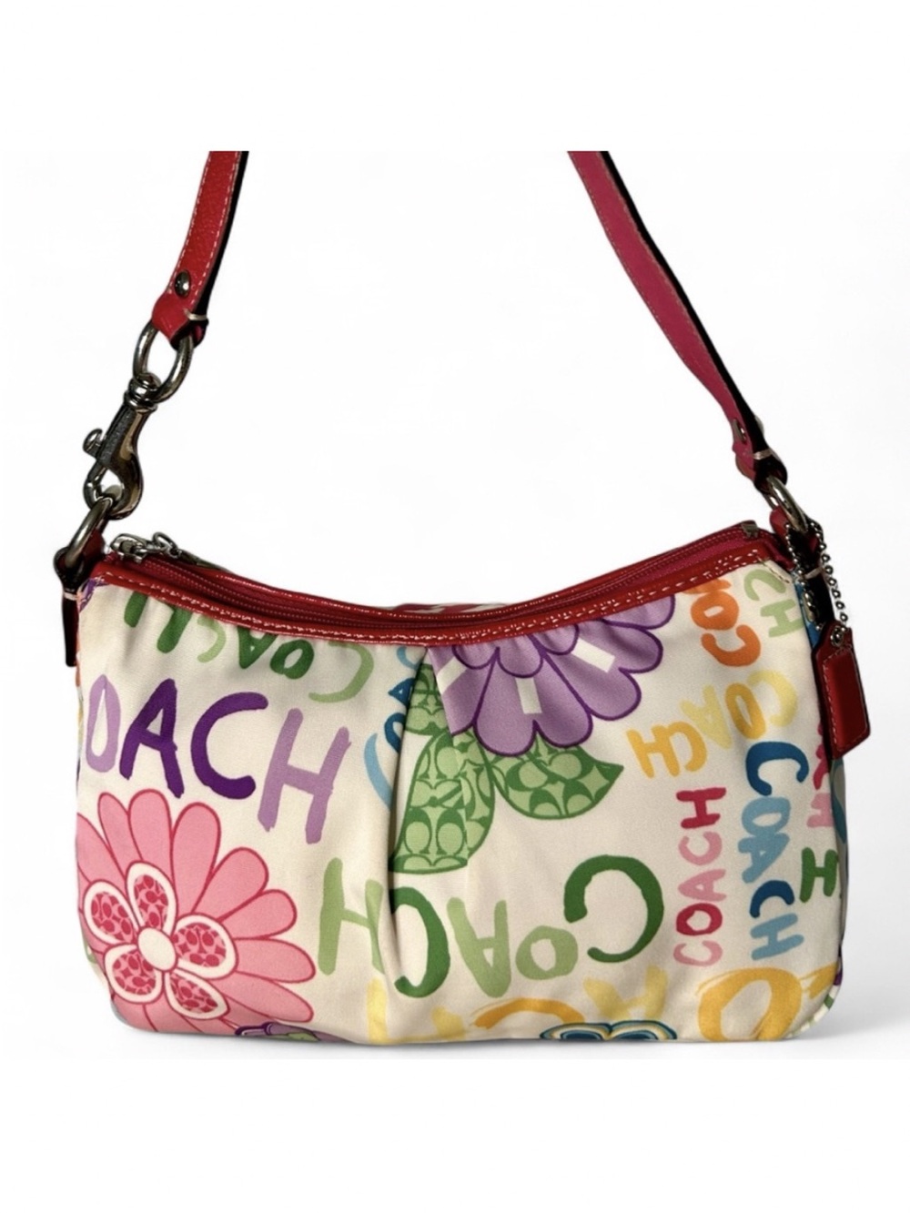 Coach Vintage Multicolor Floral Canvas Shoulder Bag with Red Trim